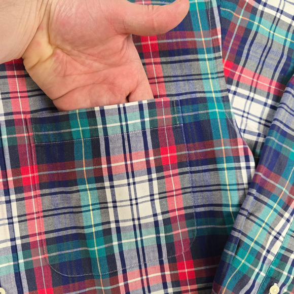 90s Vintage IZOD Teal Red Plaid Preppy Relaxed Fit Button-Down Shirt Size Large - Picture 4 of 8